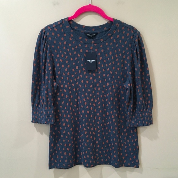 Lucky Brand Top Short Puff Sleeve Polka Dot Navy Blue size s new - Picture 1 of 5